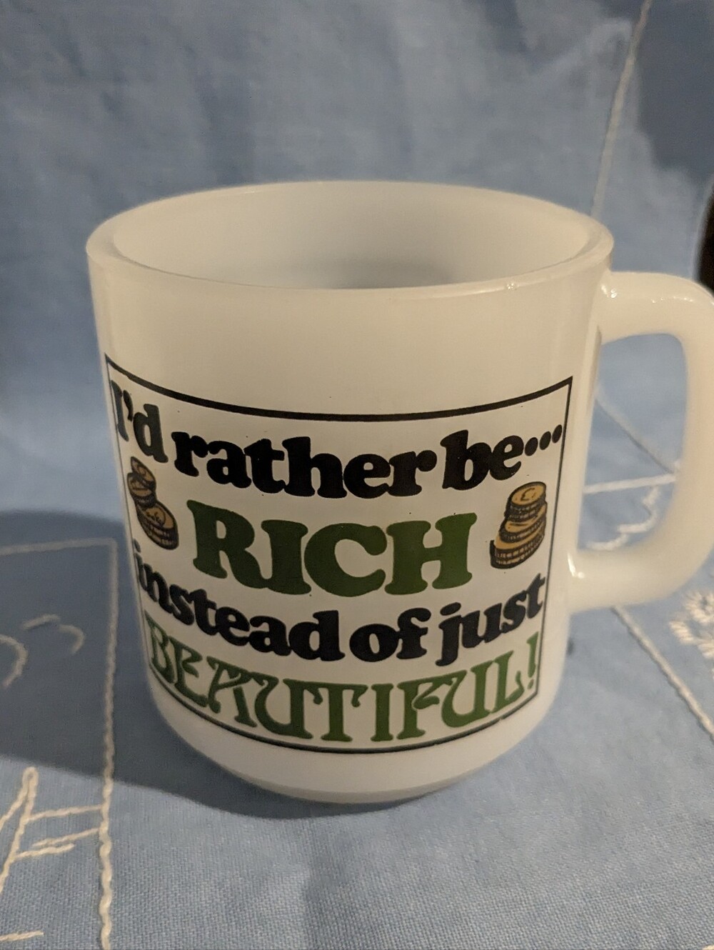 Vintage Rather Be Rich Milk Glass Mug Glasbake
